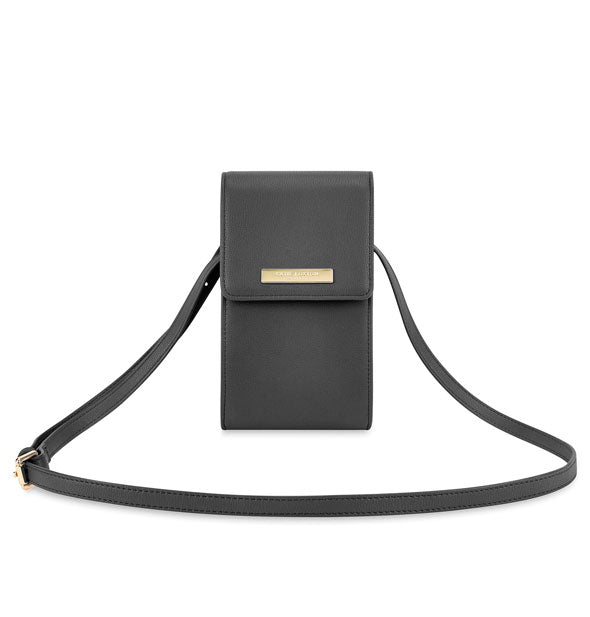 Dark gray purse with long strap and gold hardware