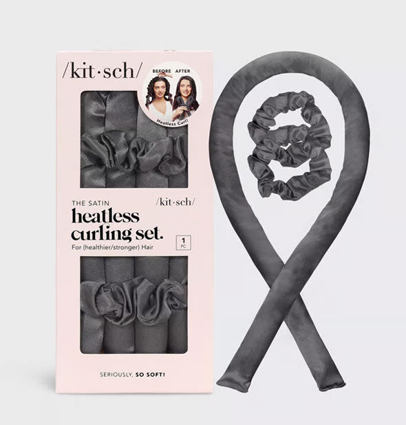 The Satin Heatless Curling Set by Kitsch with contents shown: soft curling rod and two scrunchies in charcoal gray