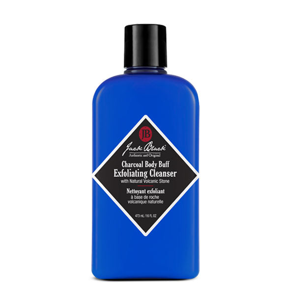 16 ounce blue bottle of Jack Black Charcoal Body Buff Exfoliating Cleanser with black cap and diamond-shaped label with red accents