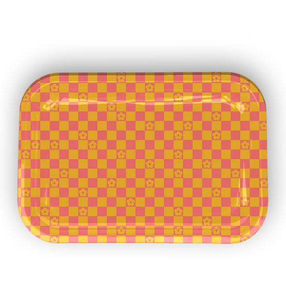 Rounded pink and yellow rectangular tray with checker print accented by flowers