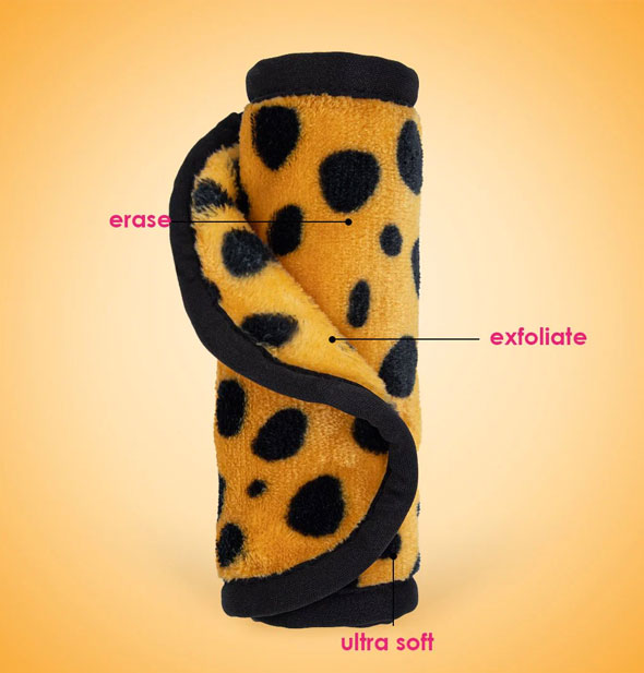 Rolled up Cheetah MakeUp Eraser is labeled, Erase, Exfoliate, Ultra Soft