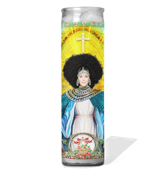 Prayer candle depicting singer Cher as a saint