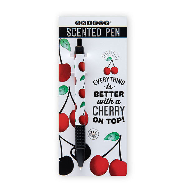 Scented pen by Snifty on decorative cherry product card that says, "Everything is better with a cherry on top!"