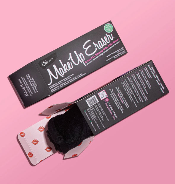 Two Chic Black MakeUp Eraser boxes, one closed and one opened with cloth partially emerging