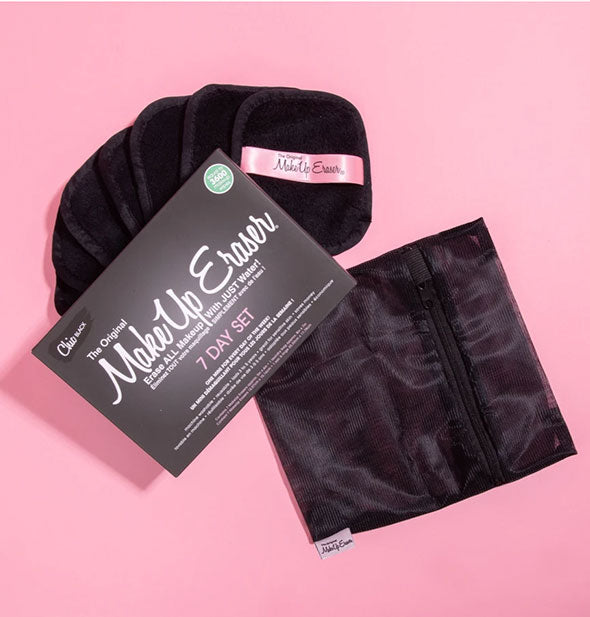 Makeup Eraser 7 Day Set in Black with contents: seven black cloths and a black zipper pouch