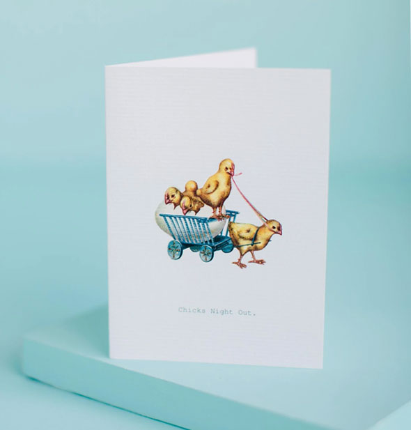 Chicks Night Out greeting card with baby chickens and egg cart illustration