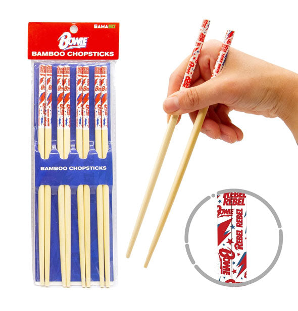 Model's hand holds a pair of David Bowie chopsticks next to a pack of four and closeup inset of the handles