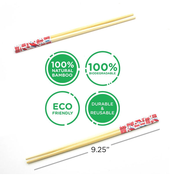 Two pairs of David Bowie chopsticks are labeled, "100% natural bamboo; 100% biodegradable; Eco-friendly; Durable & reusable" and marked 9.25 inches long