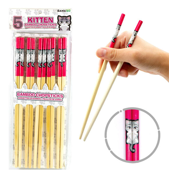 Model's hand holds a pair of bamboo chopsticks with pink handles featuring gray kitten illustrations next to a pack of four and an inset of handle detail