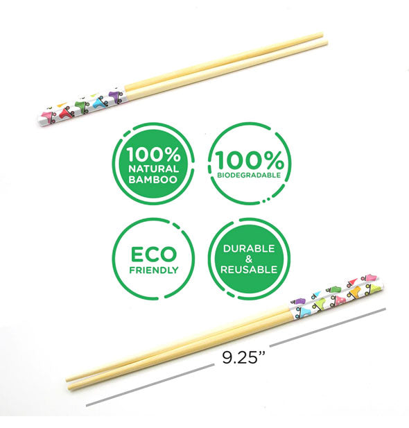 Bamboo Roller Skates Chopsticks are labeled, "100% natural bamboo; 100% biodegradable; Eco-friendly; Durable & reusable"