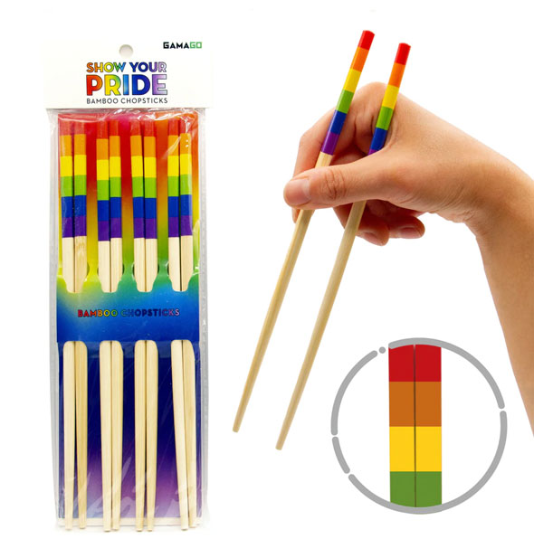 Model's hand holds a pair of bamboo chopsticks with rainbow striped handles next to a pack of four and inset of handle closeup