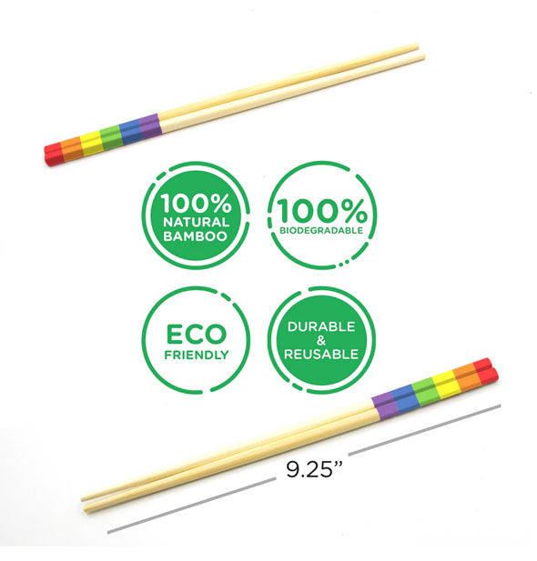 Rainbow striped chopsticks are labeled, "100% natural bamboo; 100% biodegradable; Eco-friendly; Durable & reusable"