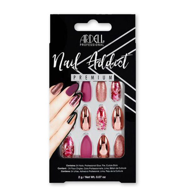 A pack of Ardell Professional Nail Addict Premium press-on nails shown in various pink patterns and finishes.