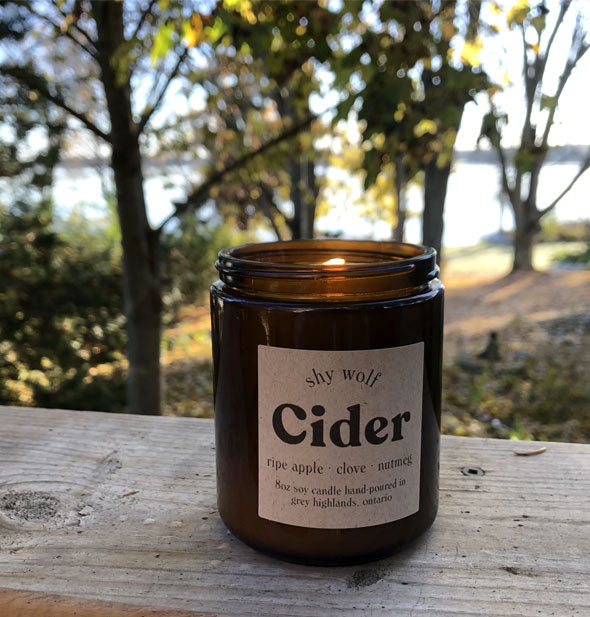 A lit Shy Wolf Cider candle rests on a rustic wood surface in front of a wooded lakeside background