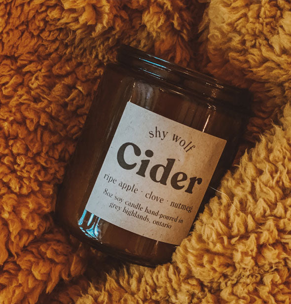 Amber glass jar Shy Wolf Cider candle rests on a brown fuzzy blanket