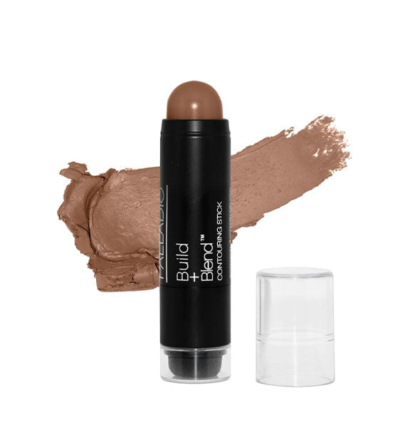 Palladio Build + Blend Contouring Stick with color swatch behind in the shade Cinnamon
