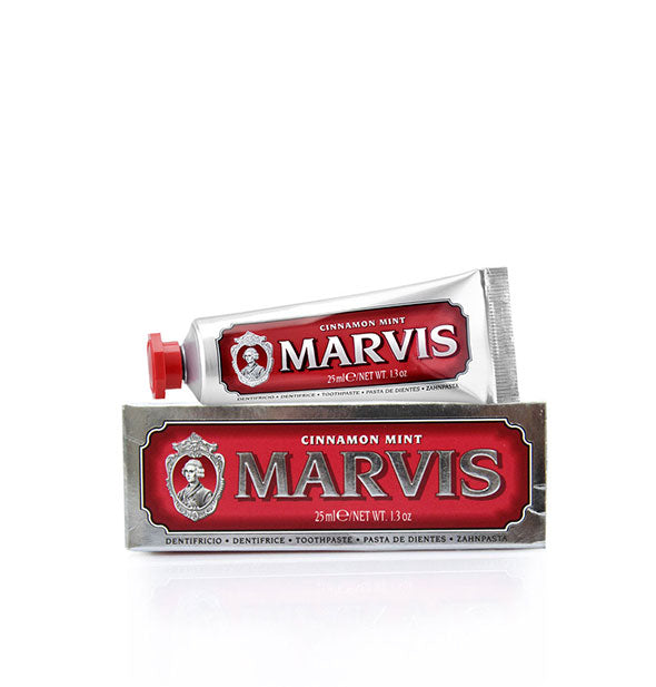 Mini tube of Marvis Cinnamon toothpaste with box packaging