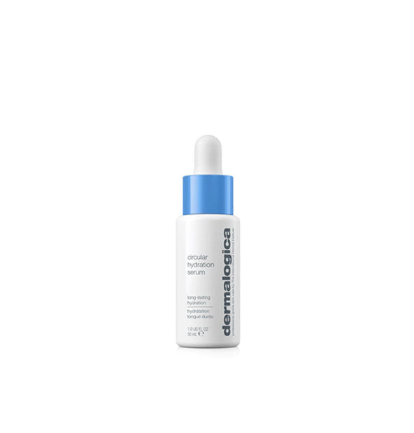 1 ounce bottle of Dermalogica Circular Hydration Serum with blue and white dropper cap