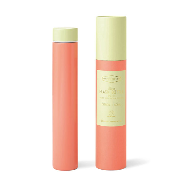 Two-tone coral and citron slim flask bottle with tube packaging