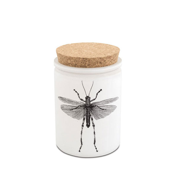 Round white candle with cork lid features a black silk-screened winged insect illustration