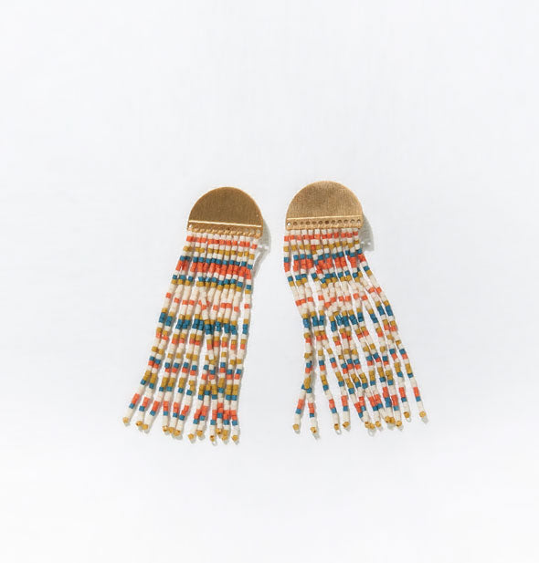 Earrings with colorfully striped beaded fringe hanging from brass semicircle hardware
