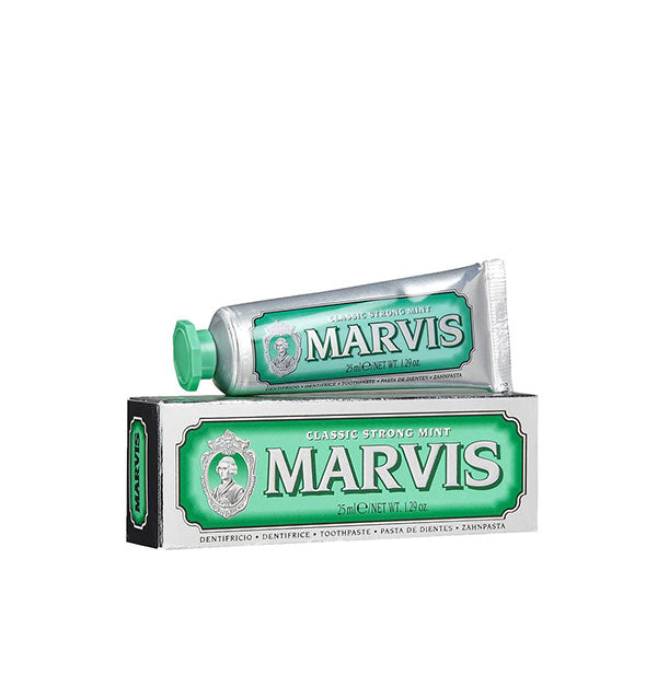 Mini tube of Marvis Classic Strong Mint toothpaste with box packaging