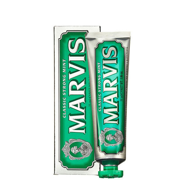 3.86 tube of Marvis Classic Strong Mint toothpaste with box packaging