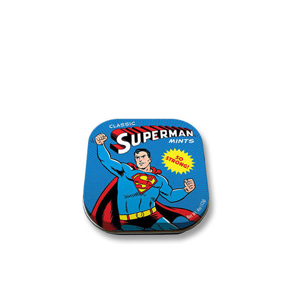 Rounded square tin of Classic Superman Mints: So Strong! featuring illustration of the superhero