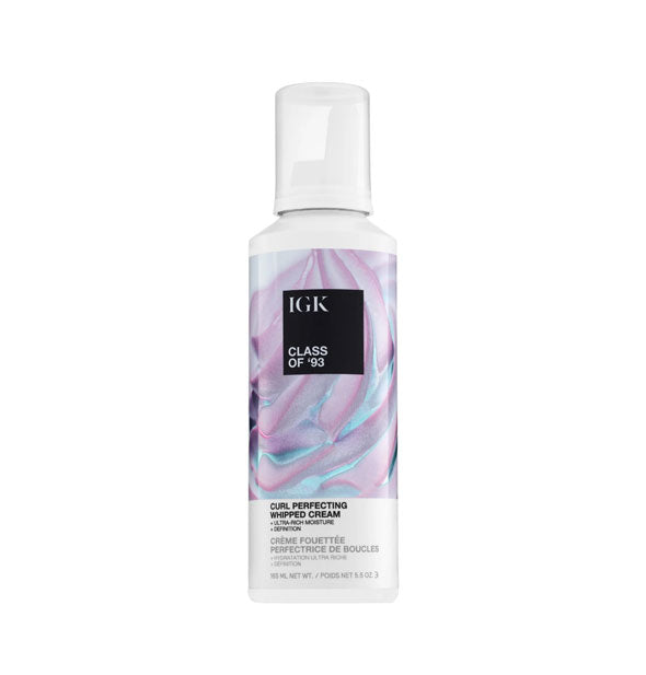 5.5 ounce bottle of IGK Class of '93 Curl Perfecting Whipped Cream with blue and purple swirl design
