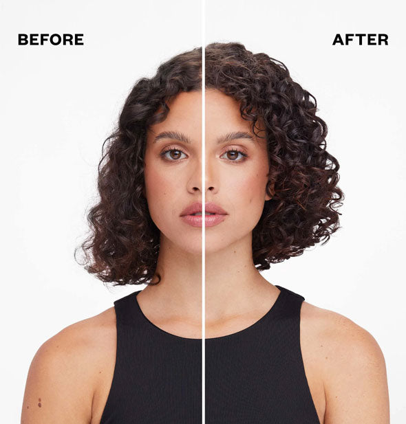 Side-by-side comparison of model's curly hair before and after styling with IGK Class of '93 Curl Perfecting Whipped Cream