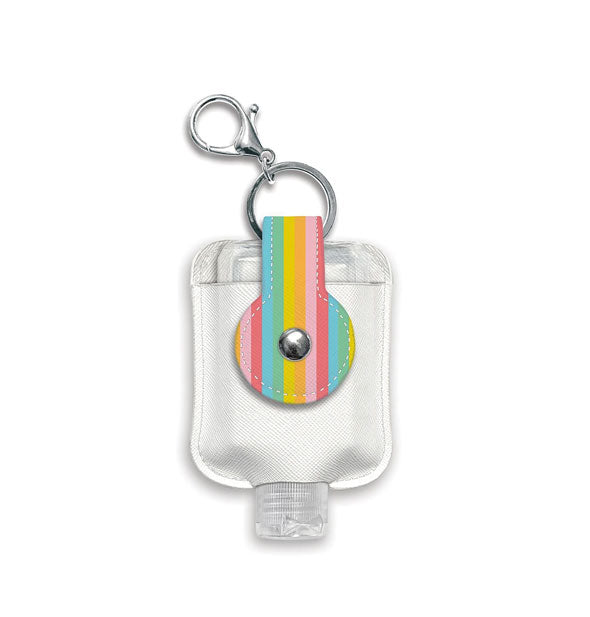 Travel size hand sanitizer bottle keyring pouch features rainbow tab with snap