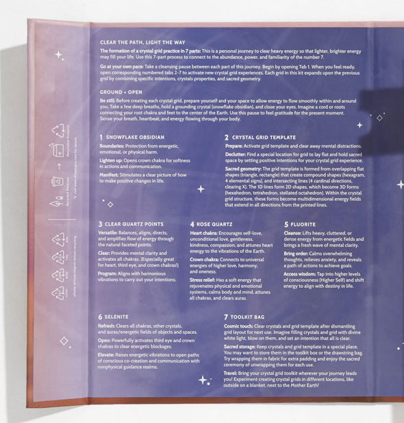 Inside cover of Cleanse + Elevate Crystal Grid Toolkit box