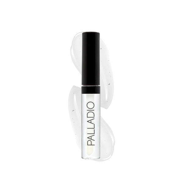 Palladio lip gloss tube in a clear shade with color swatch behind