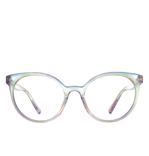 Pair of rounded cat eye glasses with clear iridescent frame