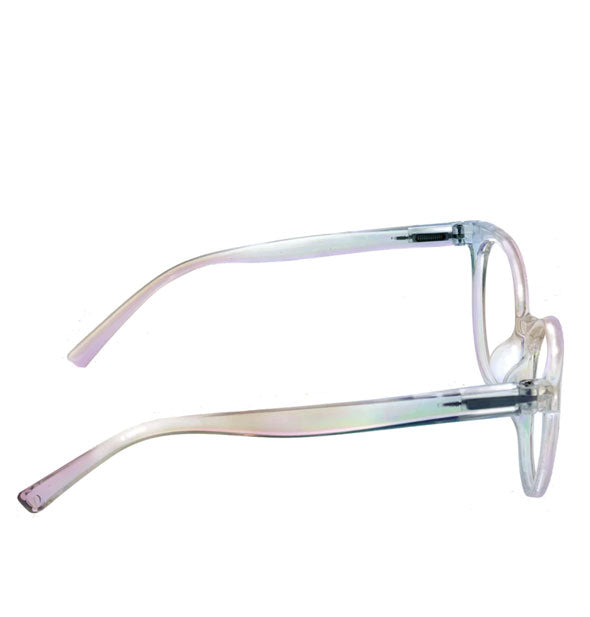 Pair of glasses with clear iridescent frame