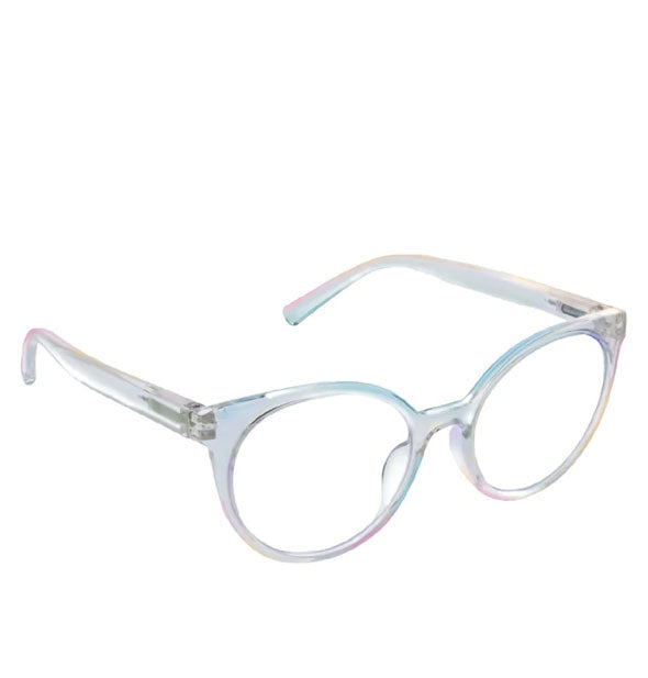 Pair of rounded cat eye glasses with clear iridescent frame