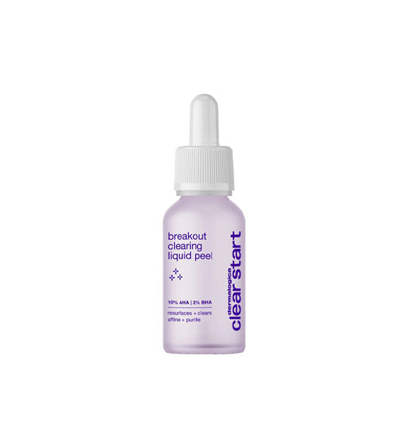 Small purple bottle of Dermalogica Clear Start Breakout Clearing Liquid Peel with white dropper cap
