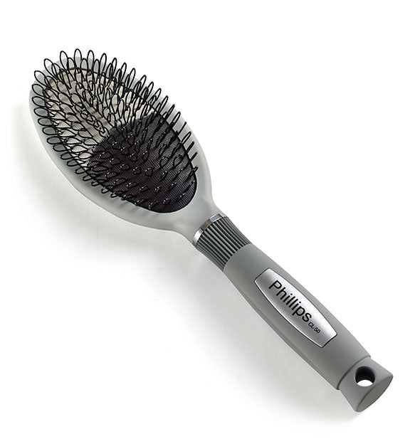 Gray Phillips hairbrush with rounded two-tone paddle and looped bristles