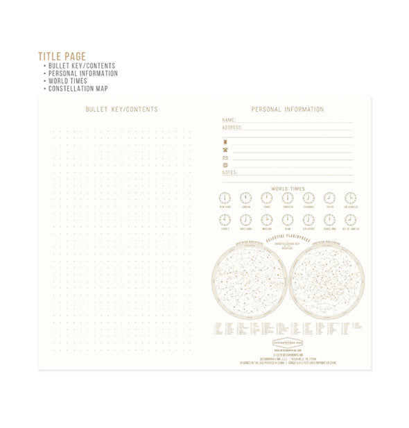 Title Page page spread from the Moon Phases journal includes Bullet Key/Contents and Personal Information sections