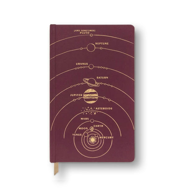 Burgundy journal with gold foil labeled diagram of the Solar System
