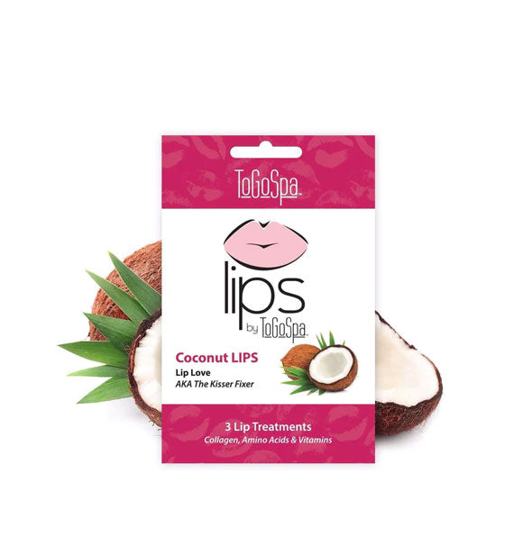 Pack of Coconut LIPS Lip Treatments by ToGoSpa flanked by coconut fruit and green tropical leaves