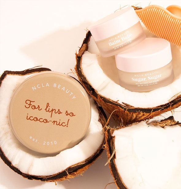 NCLA Beauty products rest in pieces of a coconut