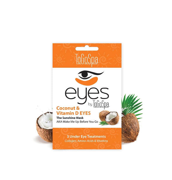 Pack of Coconut & Vitamin D Under Eye Masks by ToGoSpa staged with green botanicals and coconuts