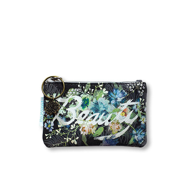 Rectangular zippered coin pouch with painted floral design says, "Beauty" in white brushstroke script