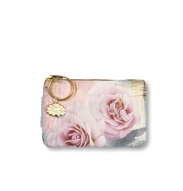 Rectangular zippered coin purse features a pink roses design and lotus pull tab charm