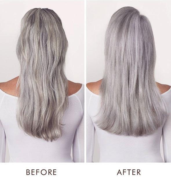 Side-by-side comparison of model's silver hair before and after using Moroccanoil Color Care Blonde Perfecting Purple Conditioner