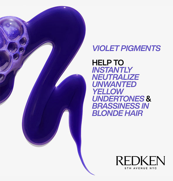 Purple shampoo product sample with the caption, "Violet pigments help to instantly neutralize unwanted yellow undertones & brassiness in blonde hair"