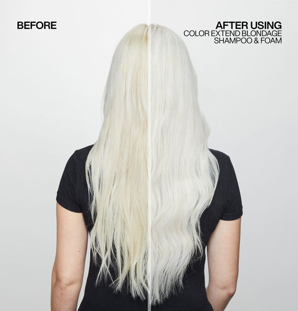 Blonde hair before and after using Redken Color Extend Blondage Shampoo & Foam