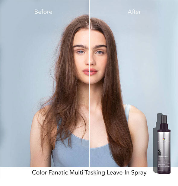 Before and after results of using Pureology Color Fanatic Multi-Tasking Leave-In Spray