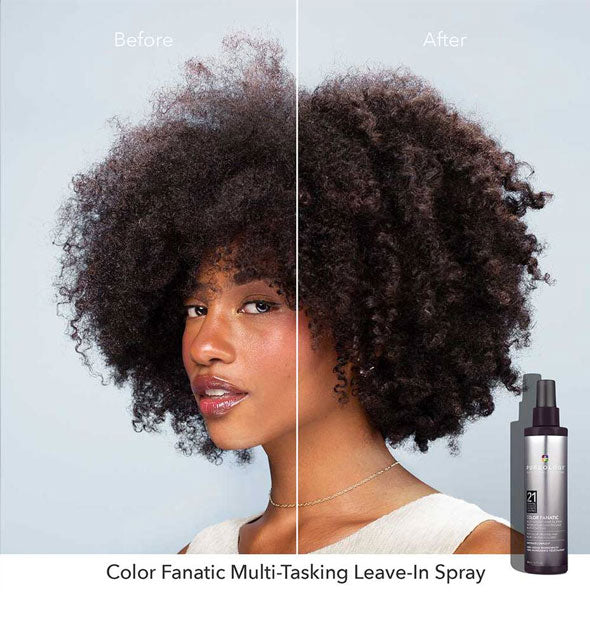 Before and after results of using Pureology Color Fanatic Multi-Tasking Leave-In Spray